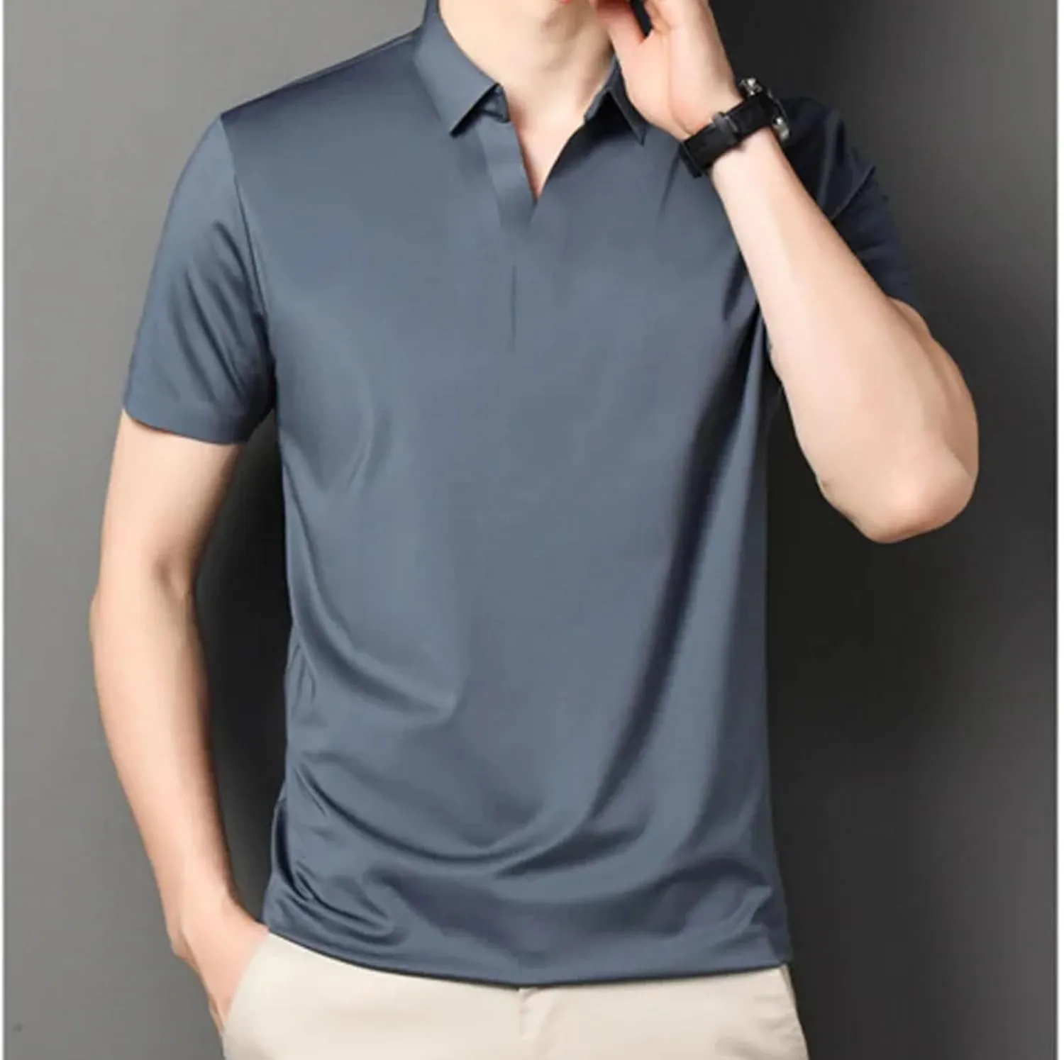 Men's Elastic Slim Polo Shirt Business Casual Short Sleeved Work Shirt Fashion Quick Dry Basic Tops