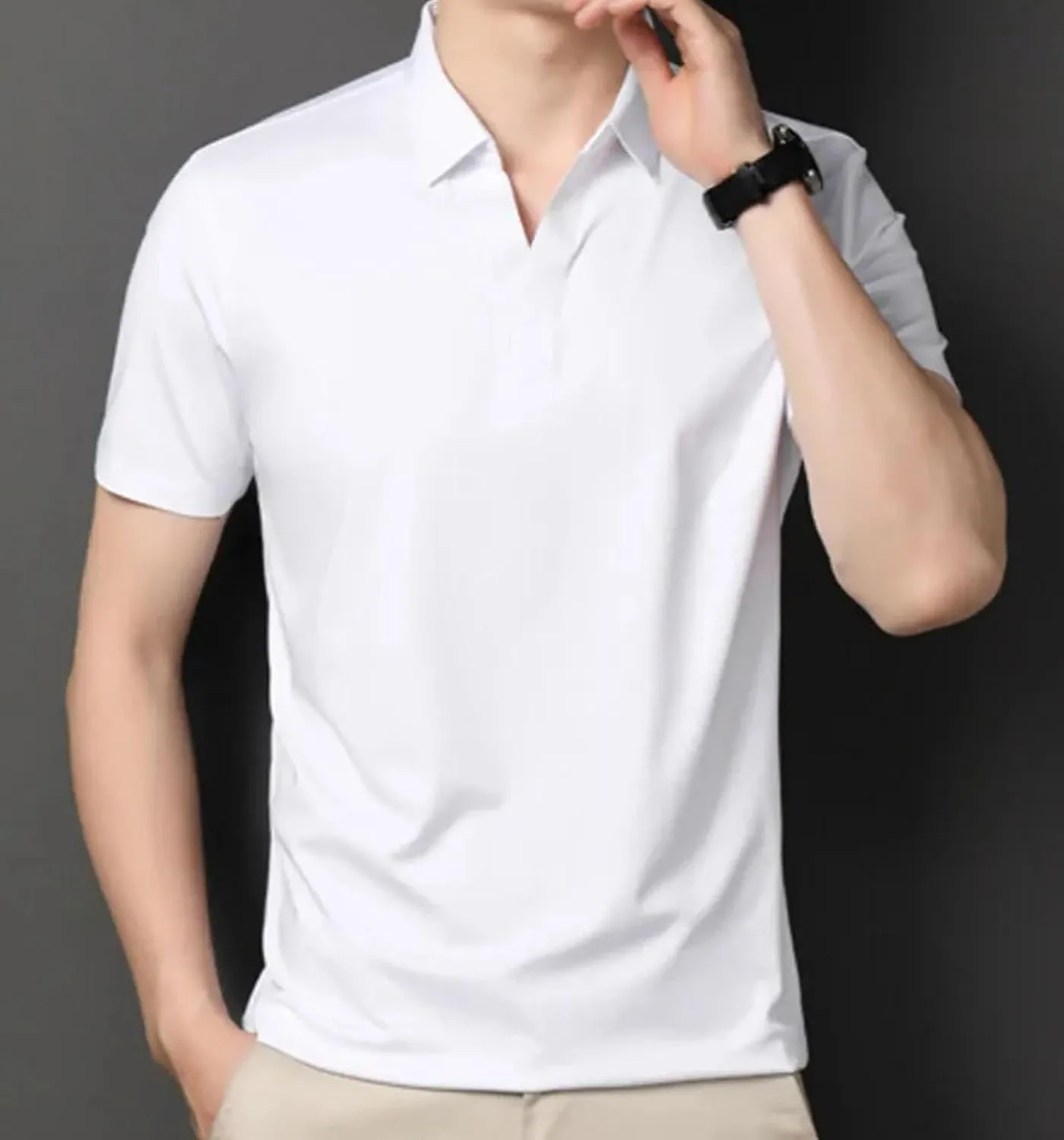 Men's Elastic Slim Polo Shirt Business Casual Short Sleeved Work Shirt Fashion Quick Dry Basic Tops