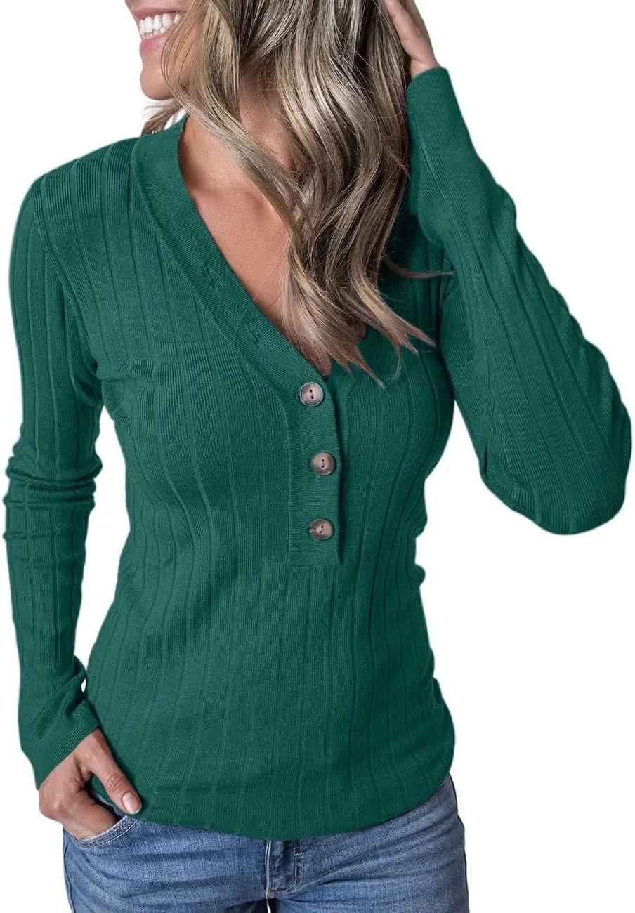 MEROKEETY Women's 2024 Long Sleeve V Neck Ribbed Button Knit Sweater Solid Color Tops