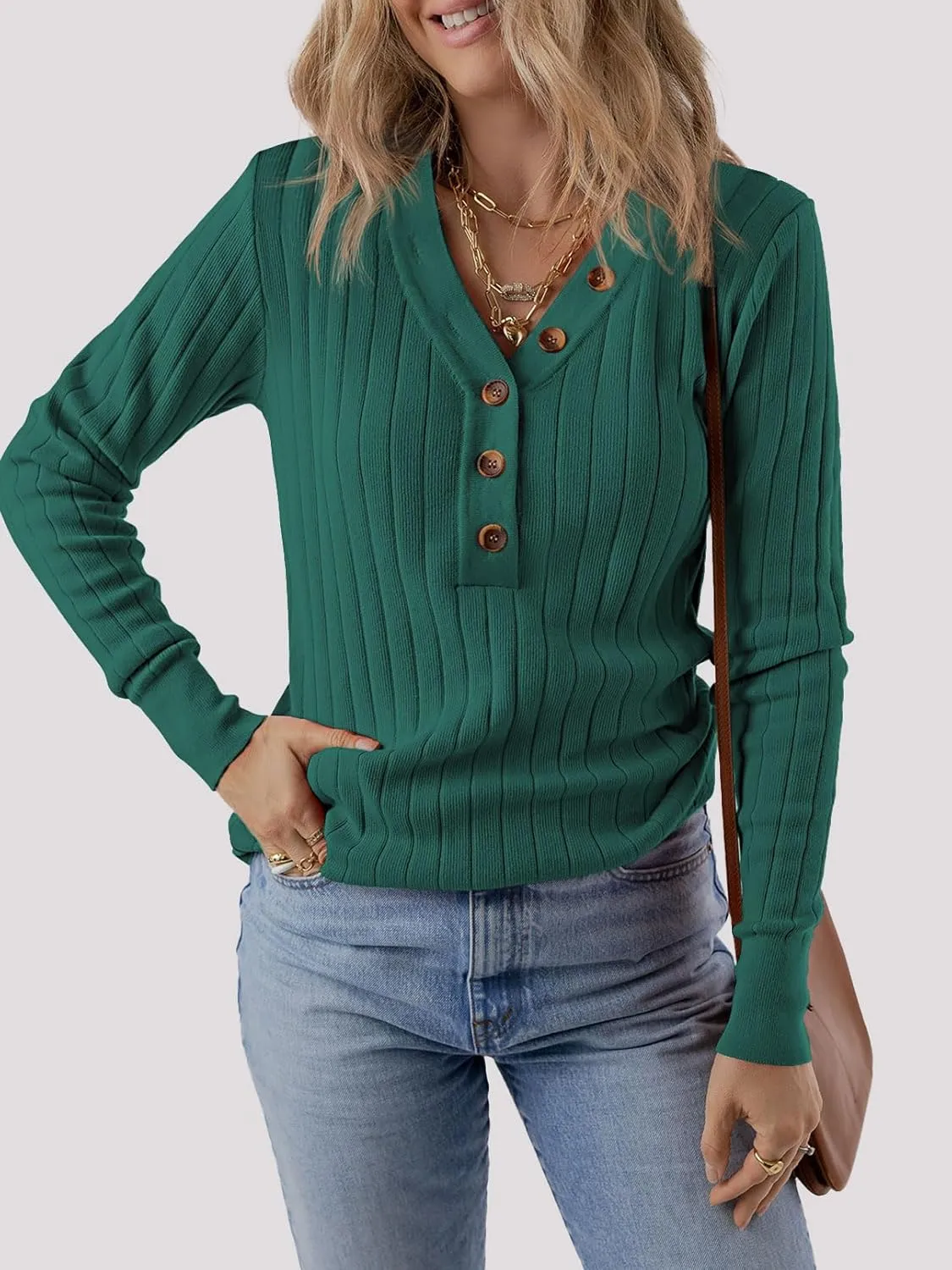 MEROKEETY Women's 2024 Long Sleeve V Neck Ribbed Button Knit Sweater Solid Color Tops