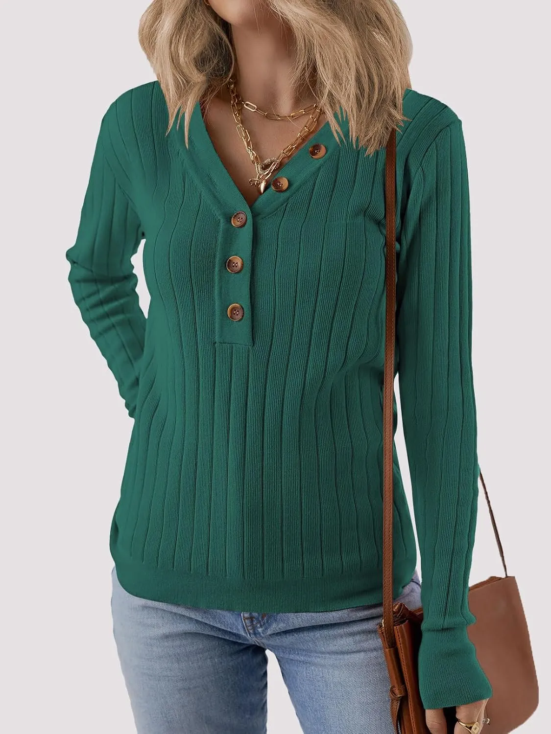 MEROKEETY Women's 2024 Long Sleeve V Neck Ribbed Button Knit Sweater Solid Color Tops