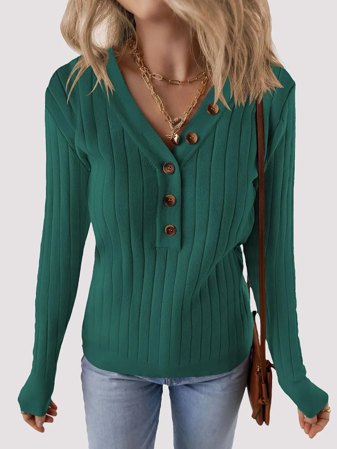 MEROKEETY Women's 2024 Long Sleeve V Neck Ribbed Button Knit Sweater Solid Color Tops