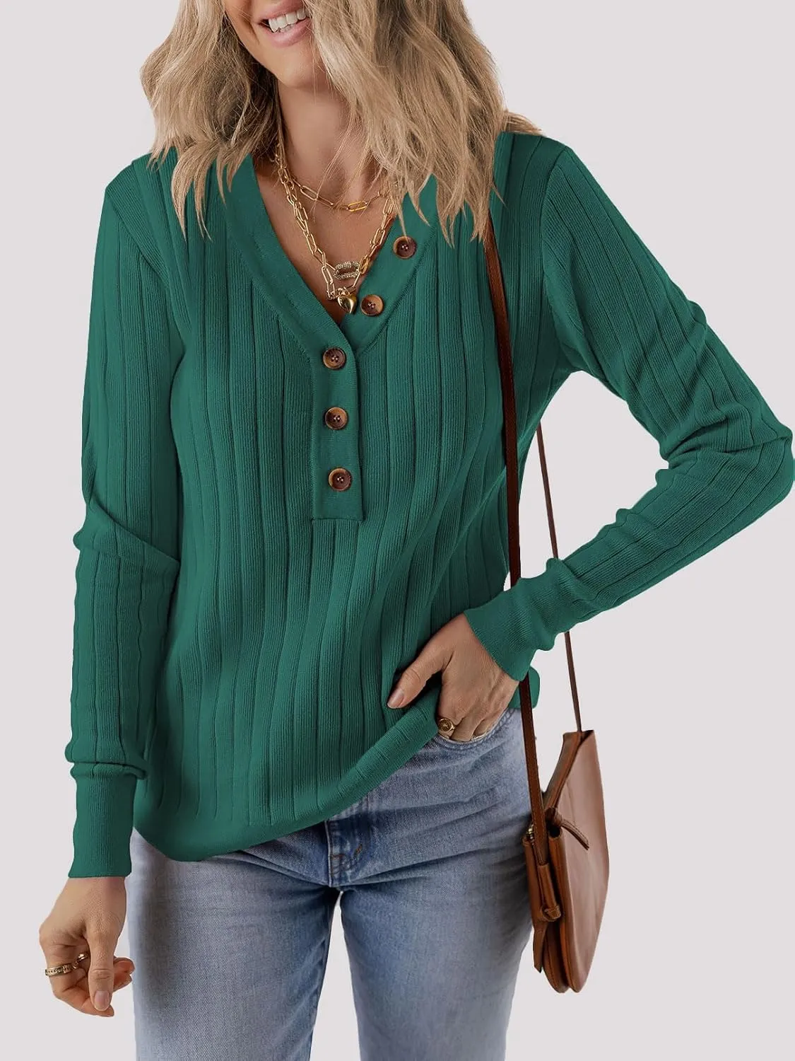 MEROKEETY Women's 2024 Long Sleeve V Neck Ribbed Button Knit Sweater Solid Color Tops