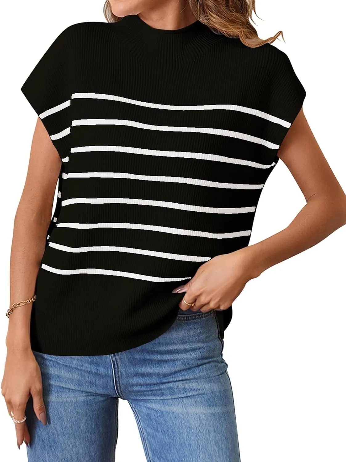 MEROKEETY Women's 2025 Sleeveless Mock Neck Striped Sweater Vest Cap Sleeve Ribbed Knit Pullover Tank Tops