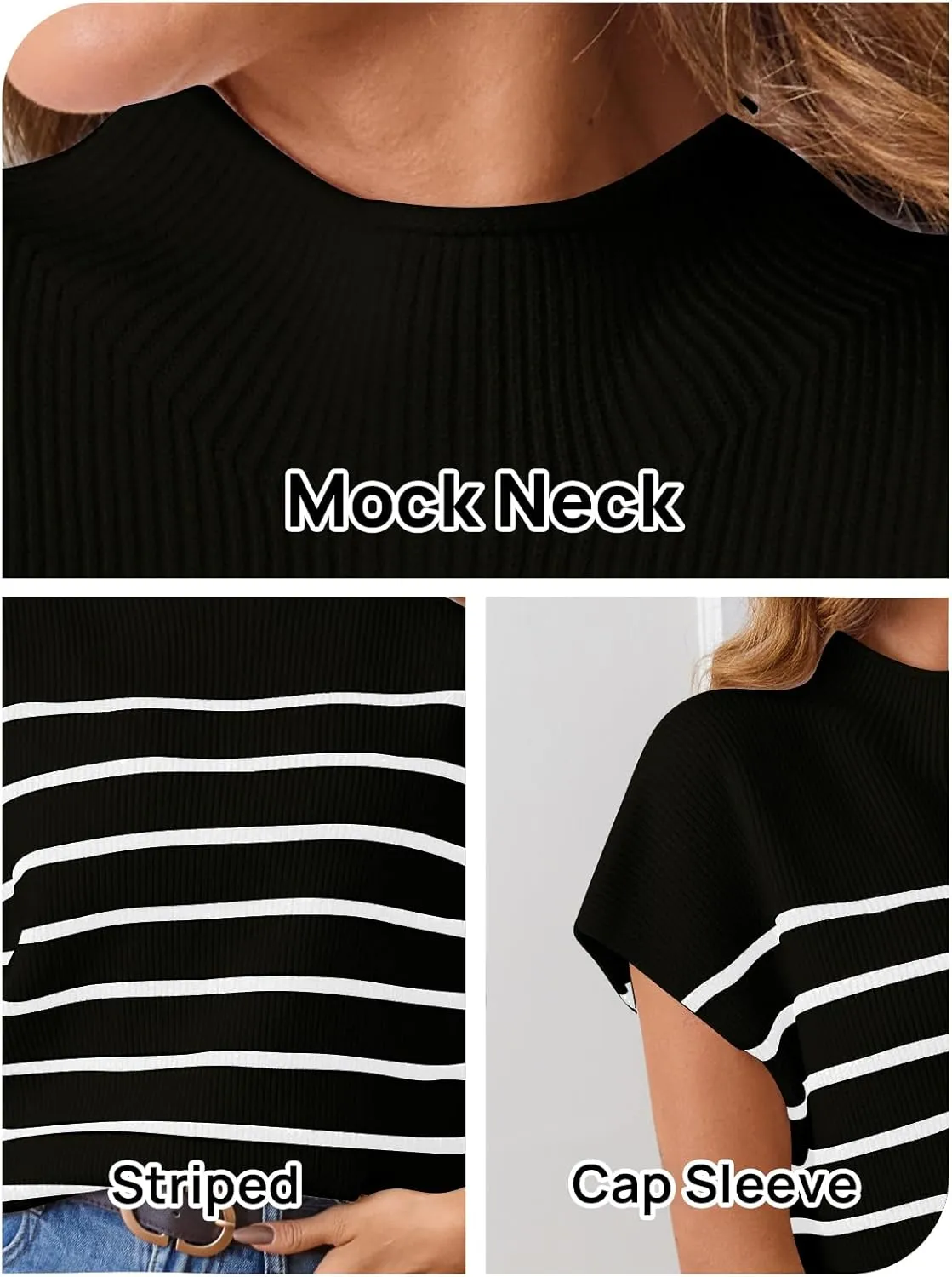 MEROKEETY Women's 2025 Sleeveless Mock Neck Striped Sweater Vest Cap Sleeve Ribbed Knit Pullover Tank Tops