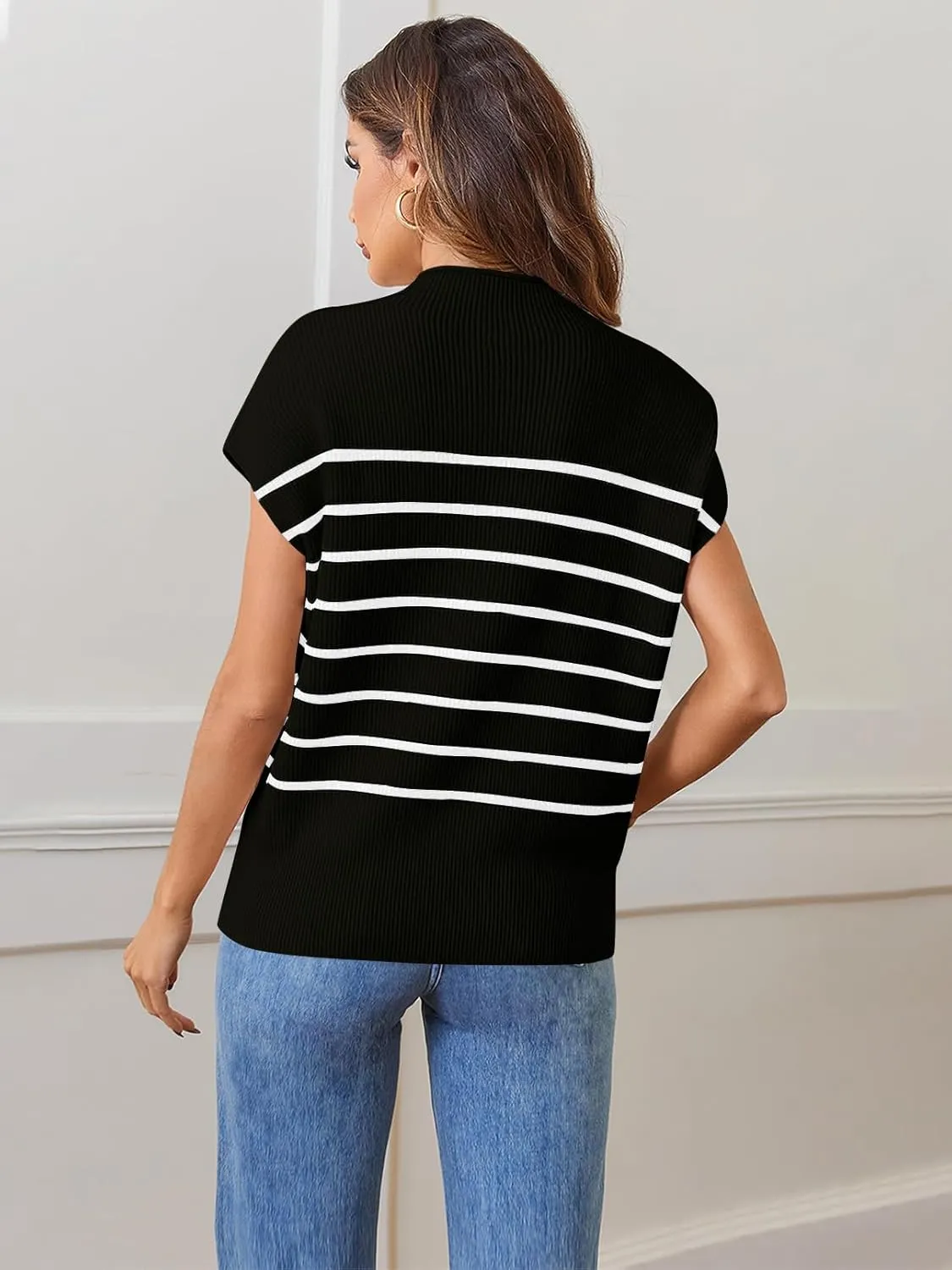 MEROKEETY Women's 2025 Sleeveless Mock Neck Striped Sweater Vest Cap Sleeve Ribbed Knit Pullover Tank Tops