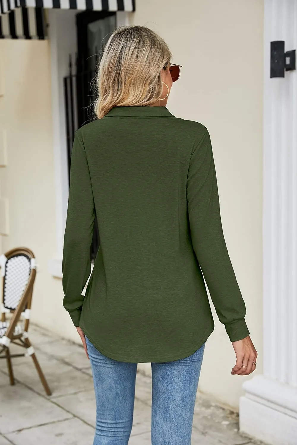 Micoson Women's Long Sleeve Button Lapel Tunic Tops V Neck Business Casual Swing Sweatshirt Pullover