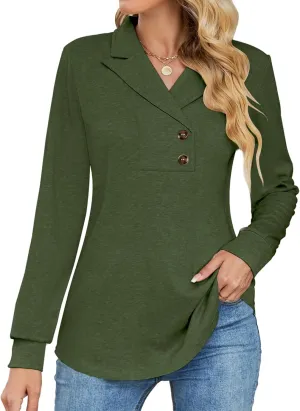 Micoson Women's Long Sleeve Button Lapel Tunic Tops V Neck Business Casual Swing Sweatshirt Pullover