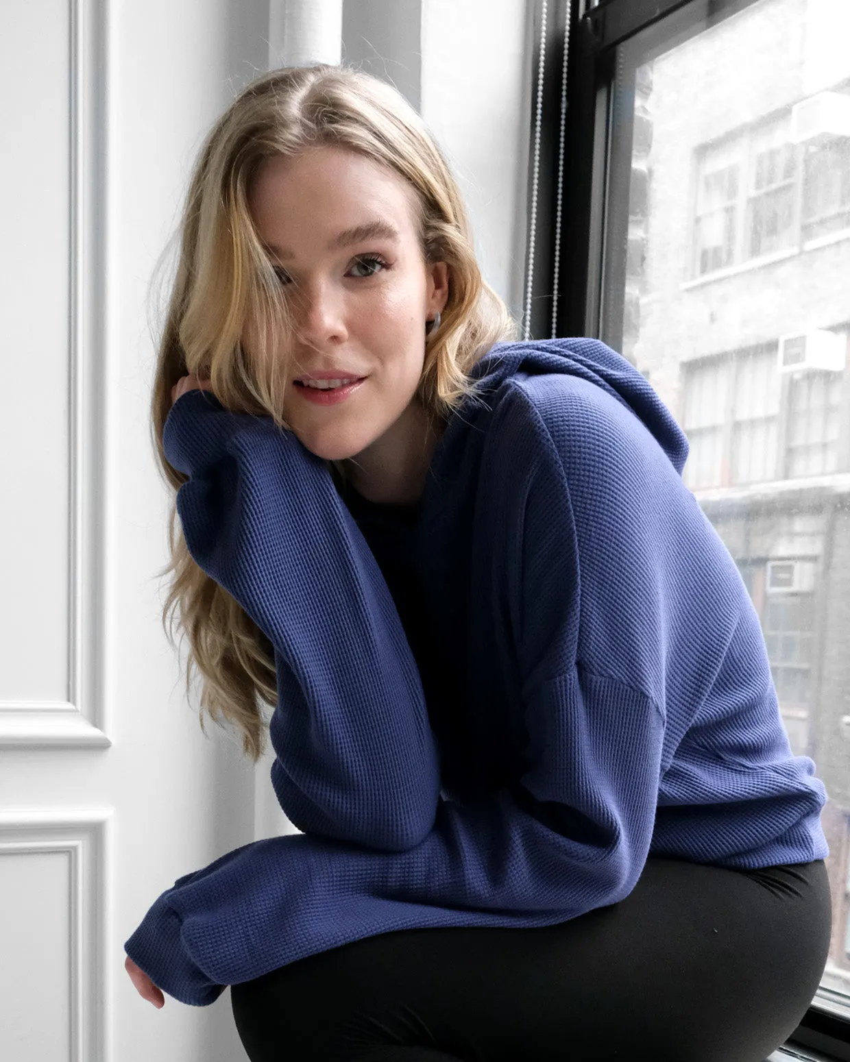 MILO waffle knit hoodie in Gentle Blue