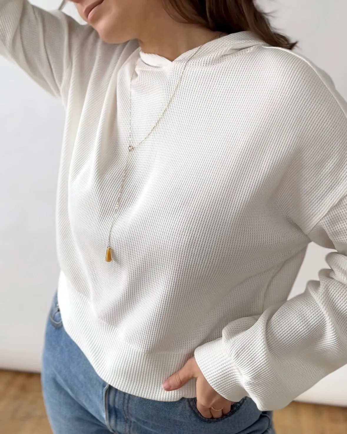 MILO waffle knit hoodie in Off White