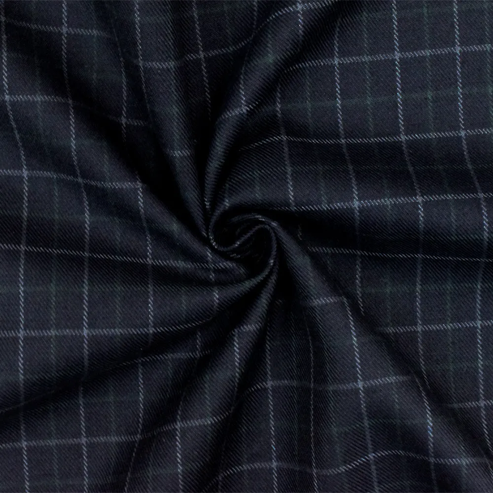 Night Blue-Gray-Green Check Wool-Cotton Twill Woven Suiting Fabric