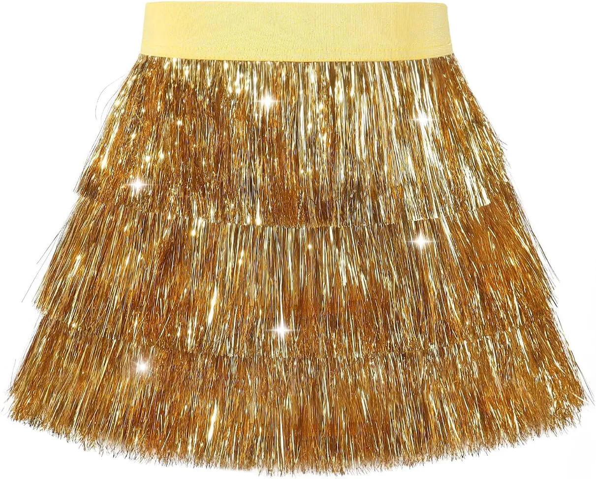 Noomelfish Girls Tinsel Fringe Skirt Sparkly Tassel Metallic Party Skirt(5-12 Years)