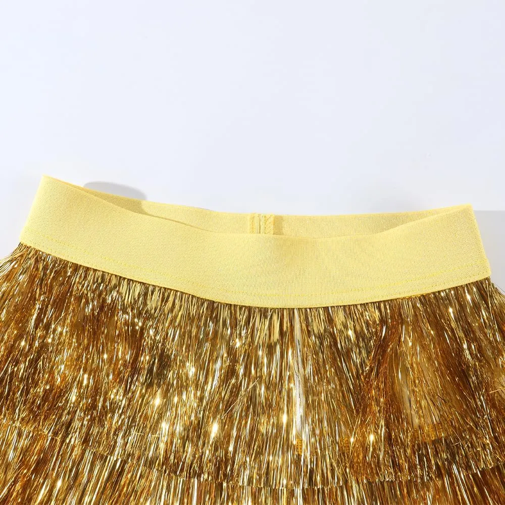 Noomelfish Girls Tinsel Fringe Skirt Sparkly Tassel Metallic Party Skirt(5-12 Years)