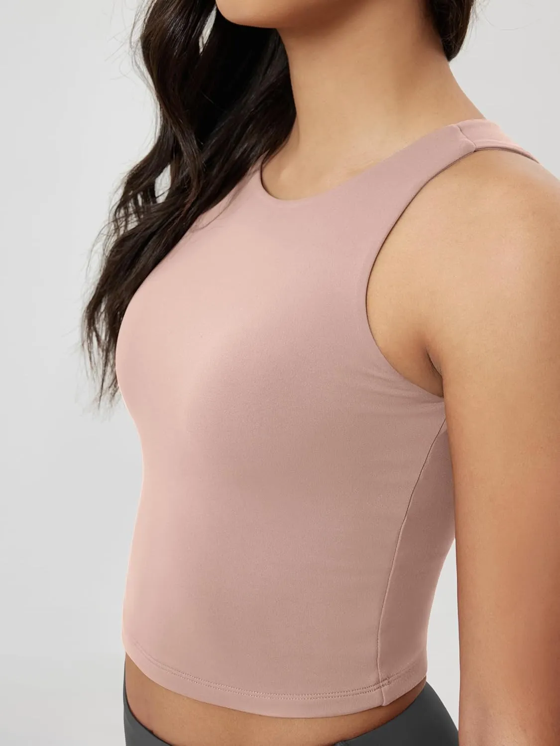 ODODOS Double Layer High Neck Crop Tank for Women Cloud Feeling Sleeveless Casual Yoga Cropped Tops