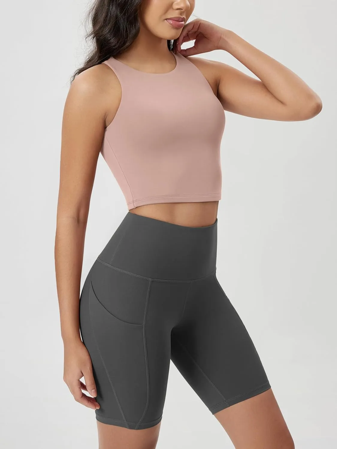 ODODOS Double Layer High Neck Crop Tank for Women Cloud Feeling Sleeveless Casual Yoga Cropped Tops