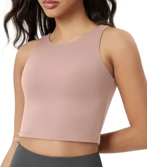 ODODOS Double Layer High Neck Crop Tank for Women Cloud Feeling Sleeveless Casual Yoga Cropped Tops