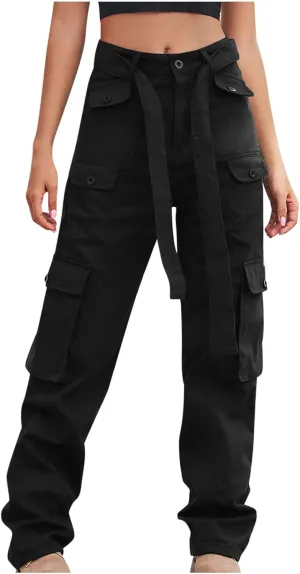 Outdoor Cargo Jeans Women's Relax Fit Casual Straight Leg Cargo Pants High Waisted Military Pockets Work Trouser