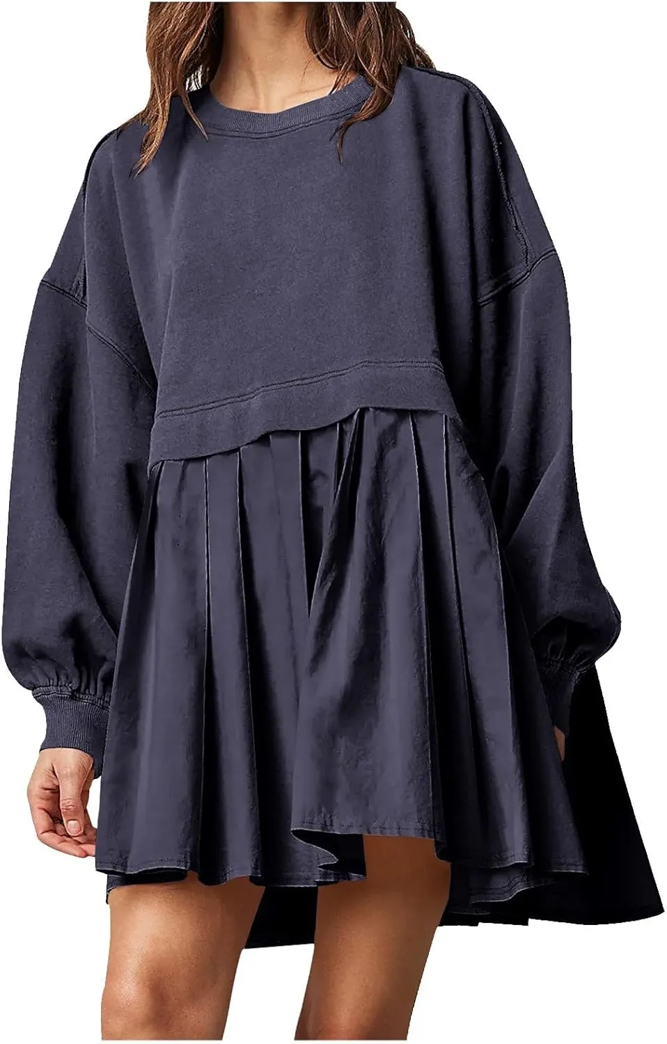 Oversized Sweatshirt Dress for Women Long Sleeve Patchwork Crewneck Pullover Loose Flowy Pleated Tops Mini Dress