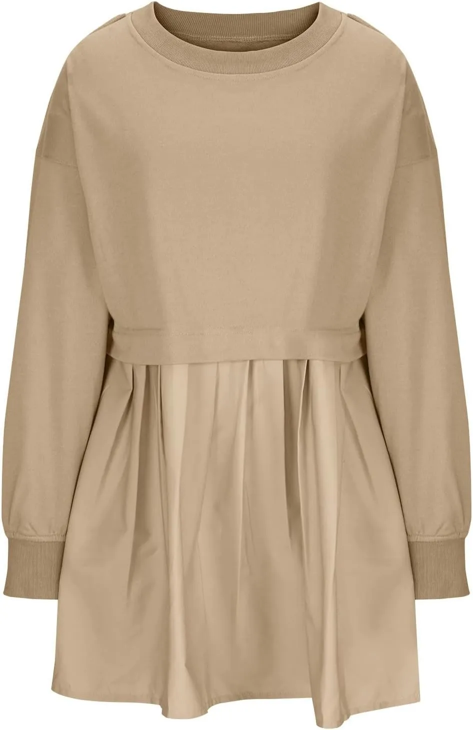 Oversized Sweatshirt Dress for Women Long Sleeve Patchwork Crewneck Pullover Loose Flowy Pleated Tops Mini Dress