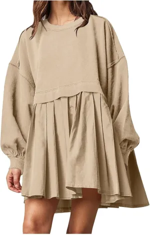 Oversized Sweatshirt Dress for Women Long Sleeve Patchwork Crewneck Pullover Loose Flowy Pleated Tops Mini Dress