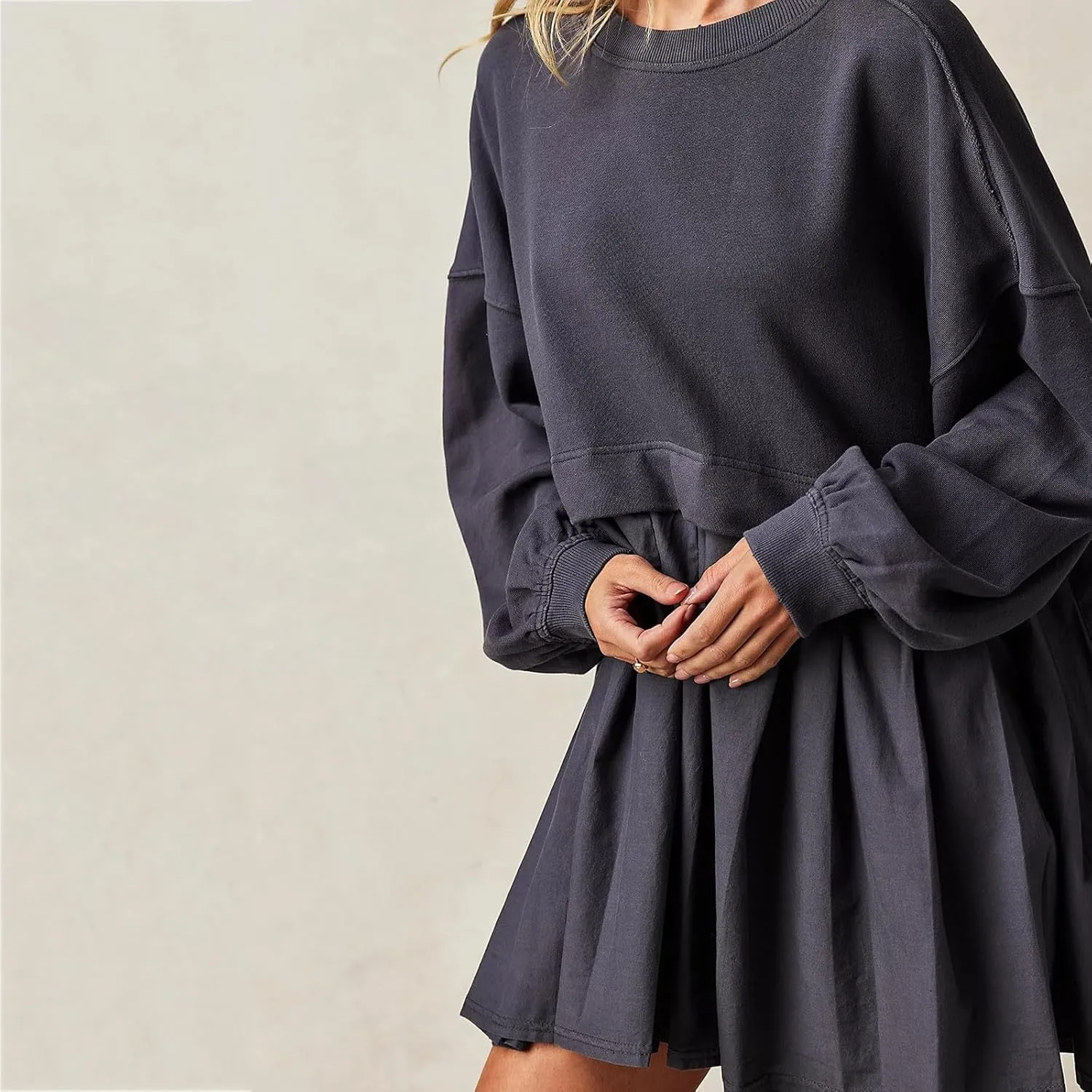 Oversized Sweatshirt Dress for Women Long Sleeve Patchwork Crewneck Pullover Loose Flowy Pleated Tops Mini Dress