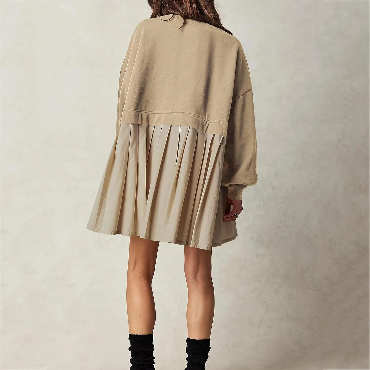 Oversized Sweatshirt Dress for Women Long Sleeve Patchwork Crewneck Pullover Loose Flowy Pleated Tops Mini Dress