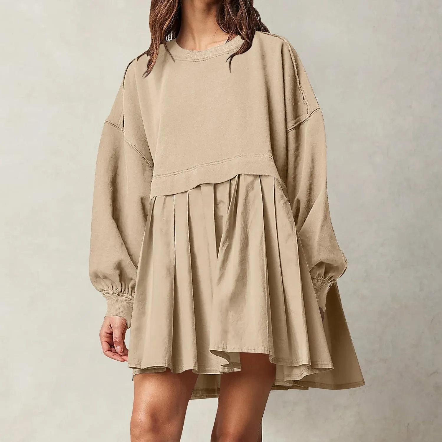 Oversized Sweatshirt Dress for Women Long Sleeve Patchwork Crewneck Pullover Loose Flowy Pleated Tops Mini Dress