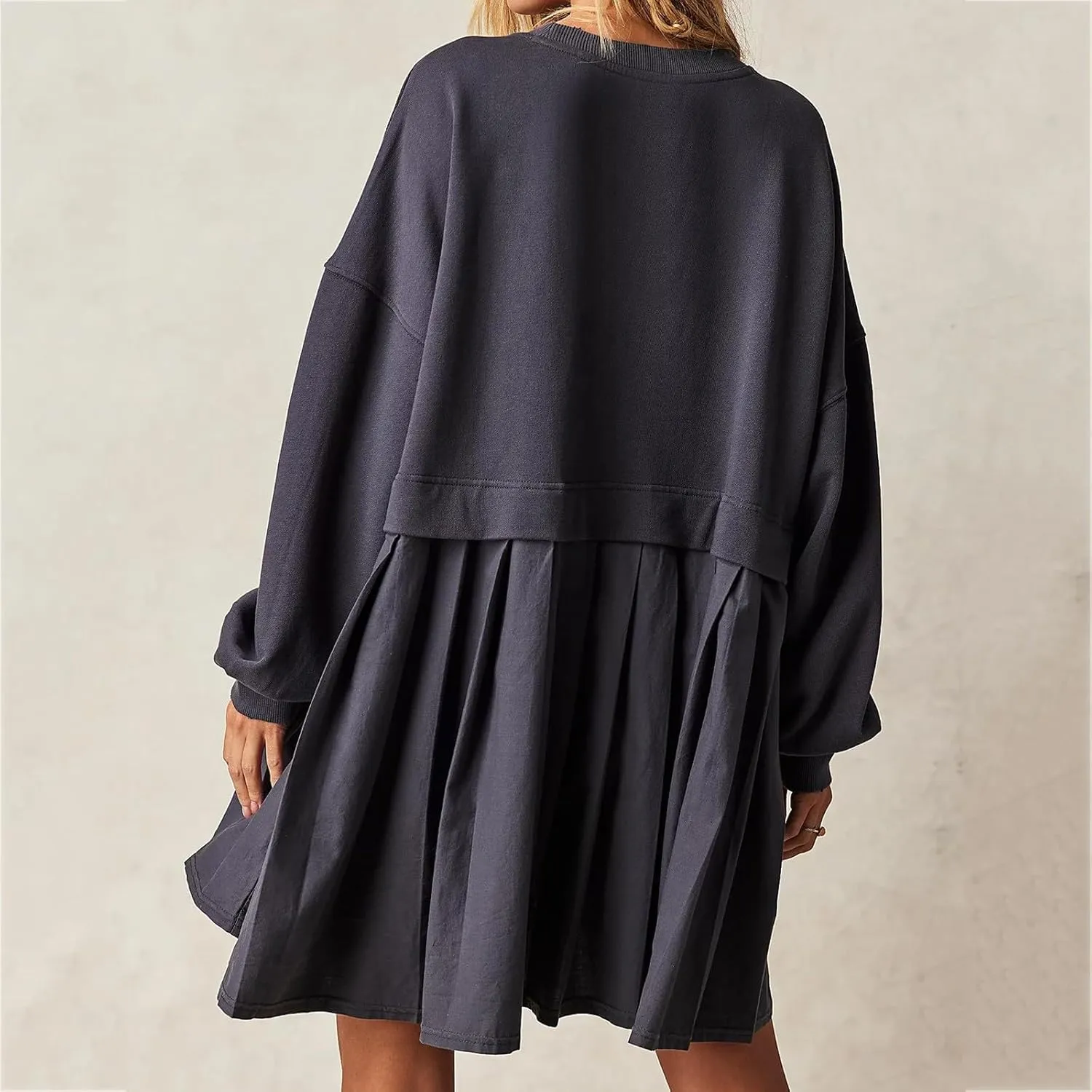 Oversized Sweatshirt Dress for Women Long Sleeve Patchwork Crewneck Pullover Loose Flowy Pleated Tops Mini Dress
