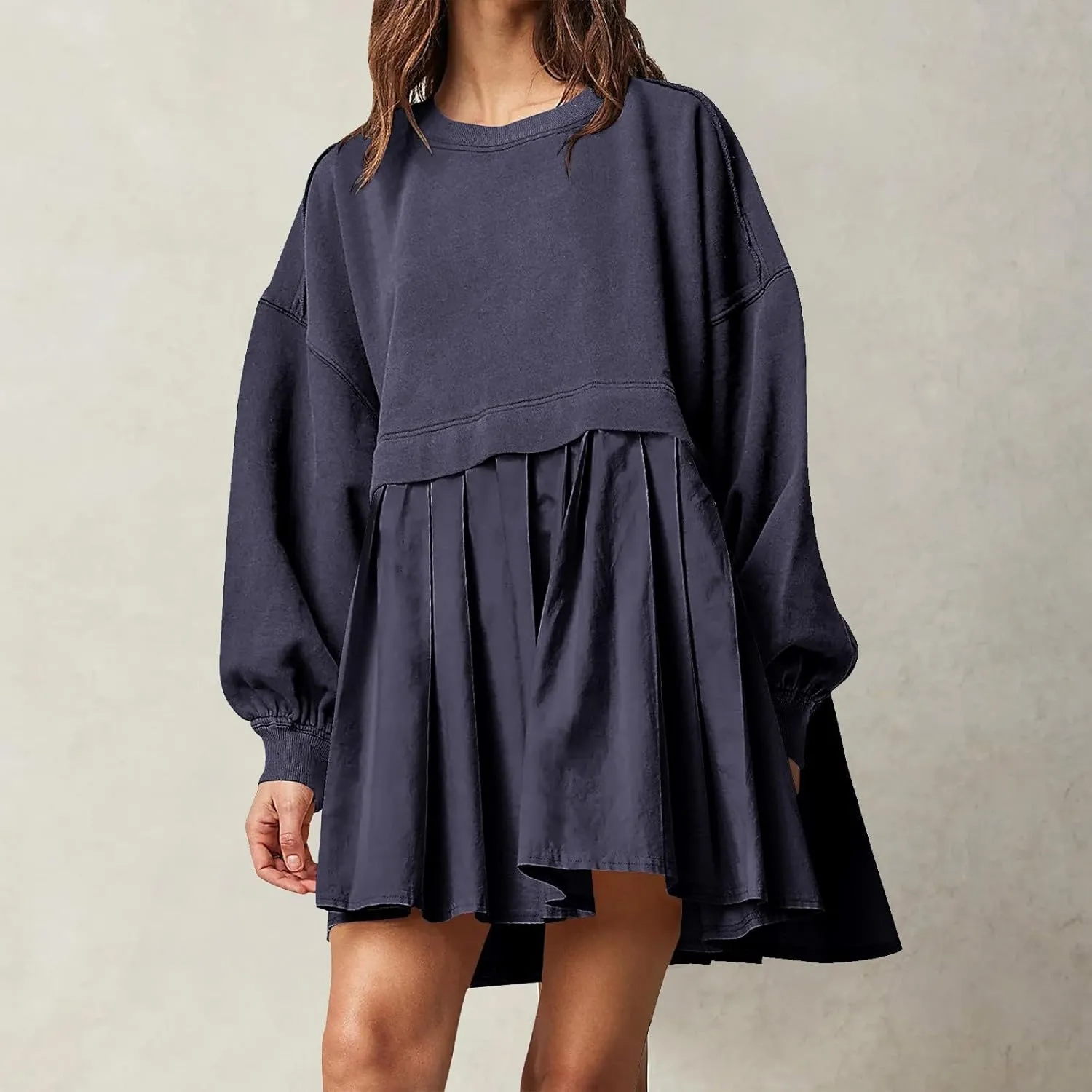 Oversized Sweatshirt Dress for Women Long Sleeve Patchwork Crewneck Pullover Loose Flowy Pleated Tops Mini Dress