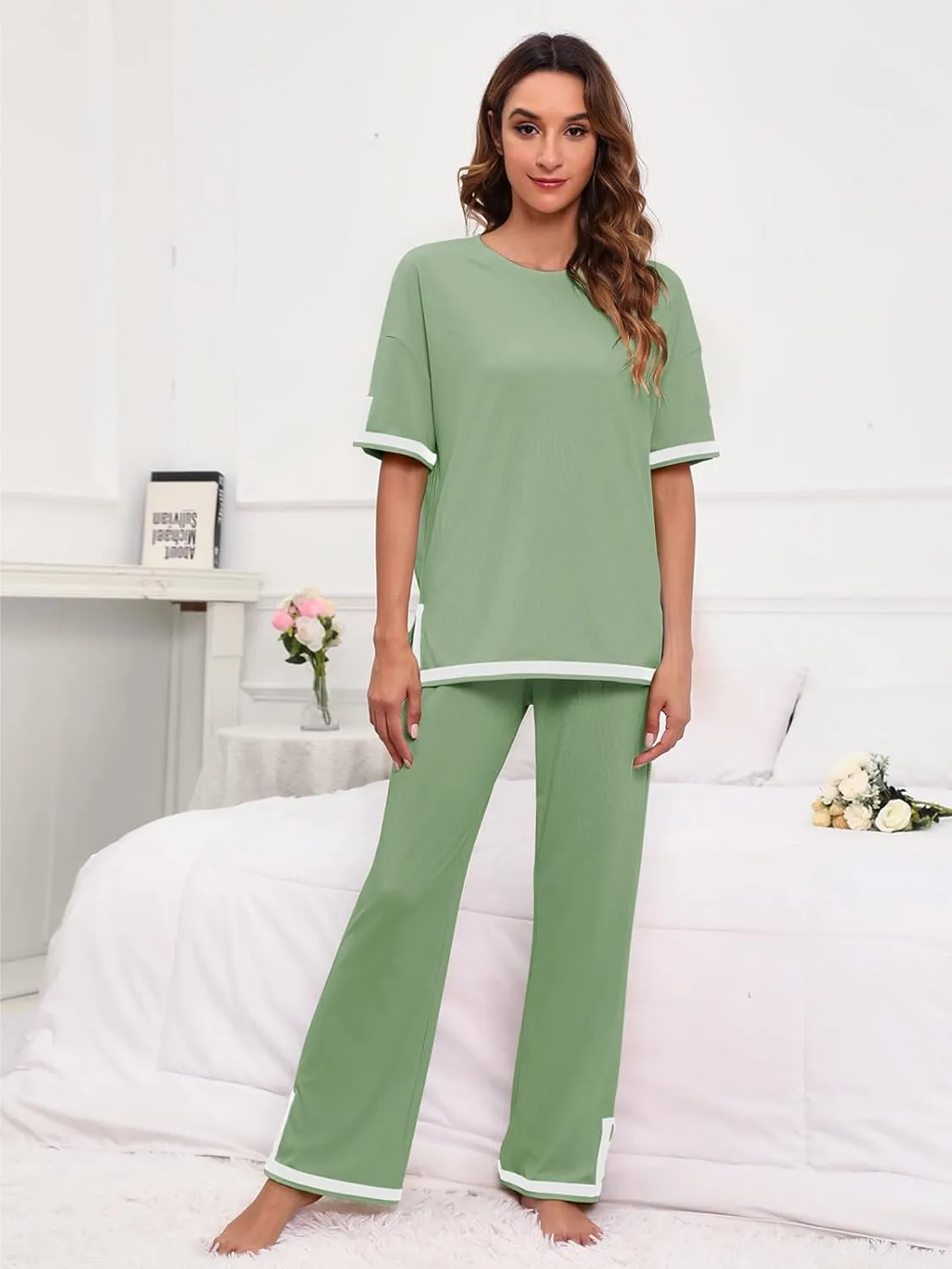 Paintcolors Women's 2 Piece Outfits Casual Pleated Short Sleeve Knit T-Shirt Tops Stretchy Wide Leg Pants Lounge Sets
