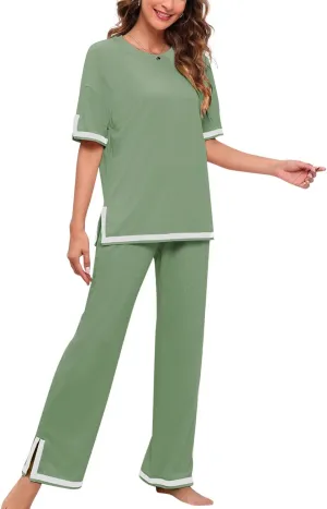 Paintcolors Women's 2 Piece Outfits Casual Pleated Short Sleeve Knit T-Shirt Tops Stretchy Wide Leg Pants Lounge Sets