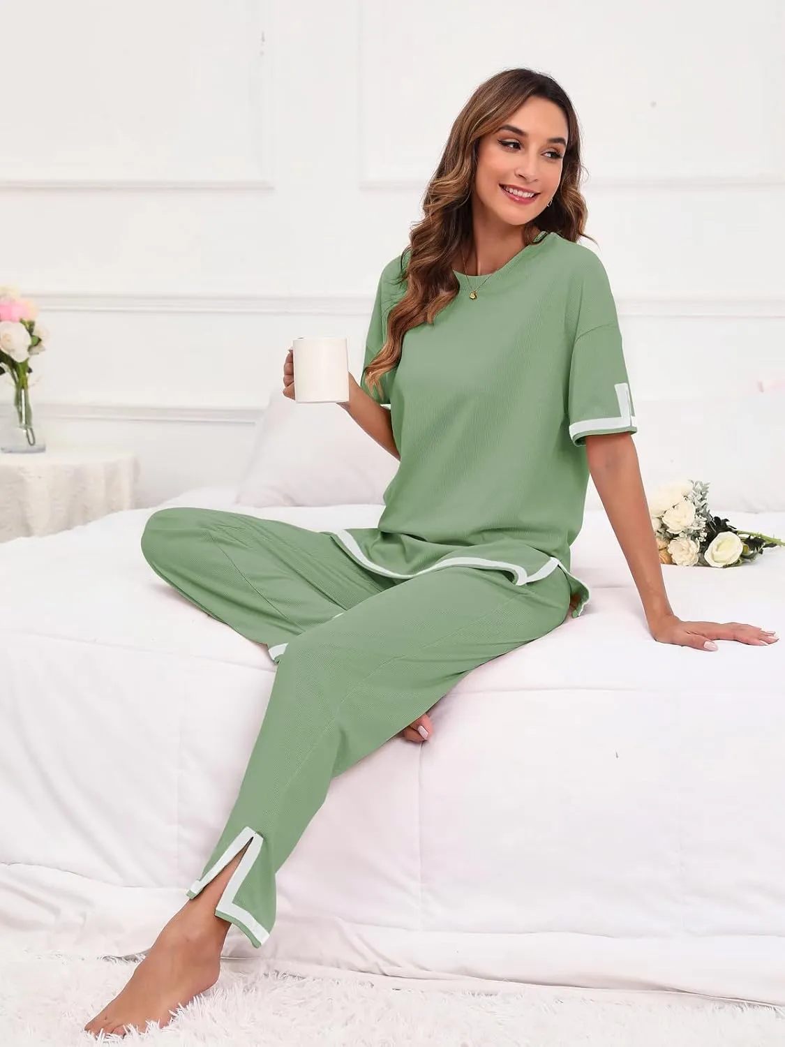 Paintcolors Women's 2 Piece Outfits Casual Pleated Short Sleeve Knit T-Shirt Tops Stretchy Wide Leg Pants Lounge Sets