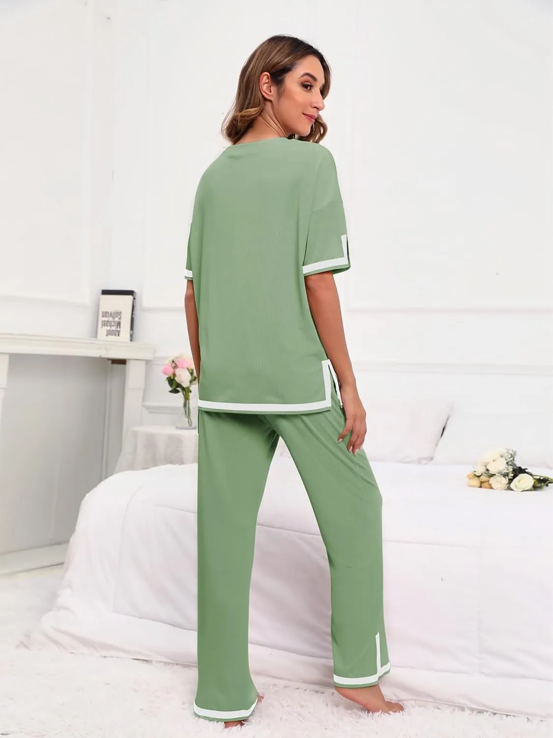 Paintcolors Women's 2 Piece Outfits Casual Pleated Short Sleeve Knit T-Shirt Tops Stretchy Wide Leg Pants Lounge Sets