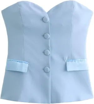 Perbai Womens Sleeveless Blazer Tube Top Off Shoulder Button Front Fitted Strapless Work Business Bandeau Vest