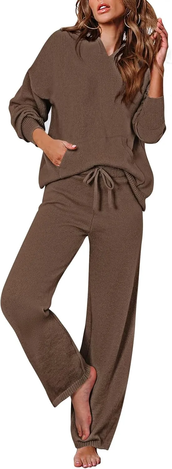 Pink Queen Sweater Set for Women Pullover Hoodie Matching Wide Leg Pants Loose Knitted Sweatsuit with Pocket