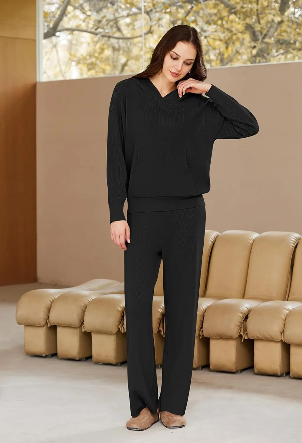 Pink Queen Sweater Set for Women Pullover Hoodie Matching Wide Leg Pants Loose Knitted Sweatsuit with Pocket