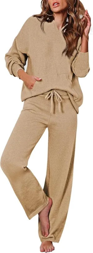 Pink Queen Sweater Set for Women Pullover Hoodie Matching Wide Leg Pants Loose Knitted Sweatsuit with Pocket