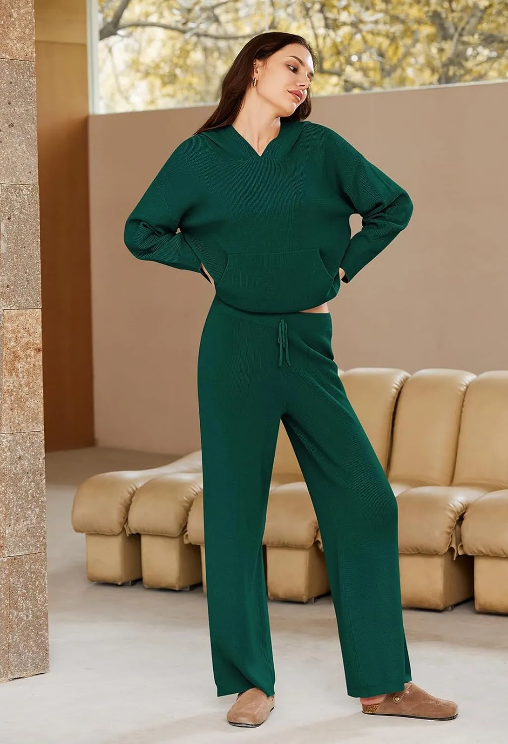 Pink Queen Sweater Set for Women Pullover Hoodie Matching Wide Leg Pants Loose Knitted Sweatsuit with Pocket