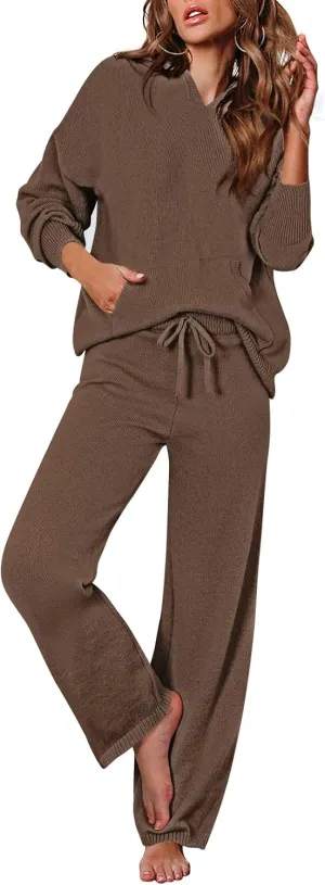 Pink Queen Sweater Set for Women Pullover Hoodie Matching Wide Leg Pants Loose Knitted Sweatsuit with Pocket