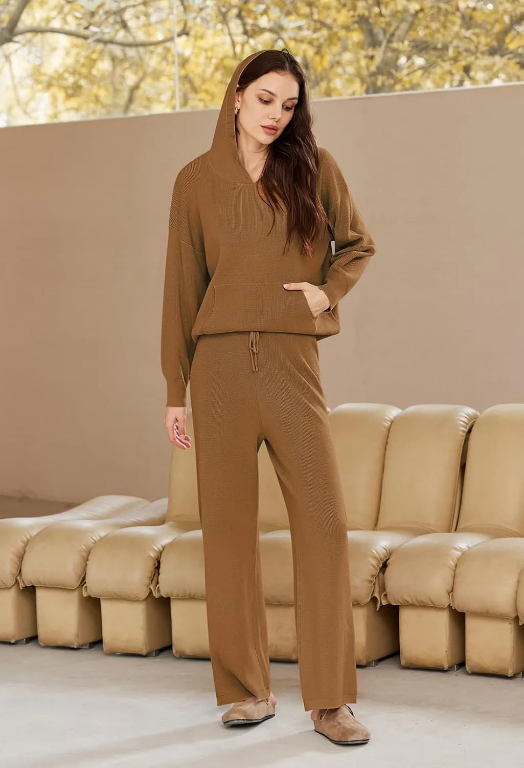 Pink Queen Sweater Set for Women Pullover Hoodie Matching Wide Leg Pants Loose Knitted Sweatsuit with Pocket