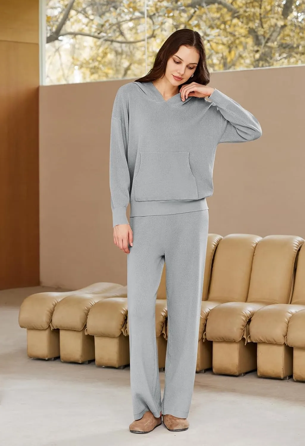 Pink Queen Sweater Set for Women Pullover Hoodie Matching Wide Leg Pants Loose Knitted Sweatsuit with Pocket