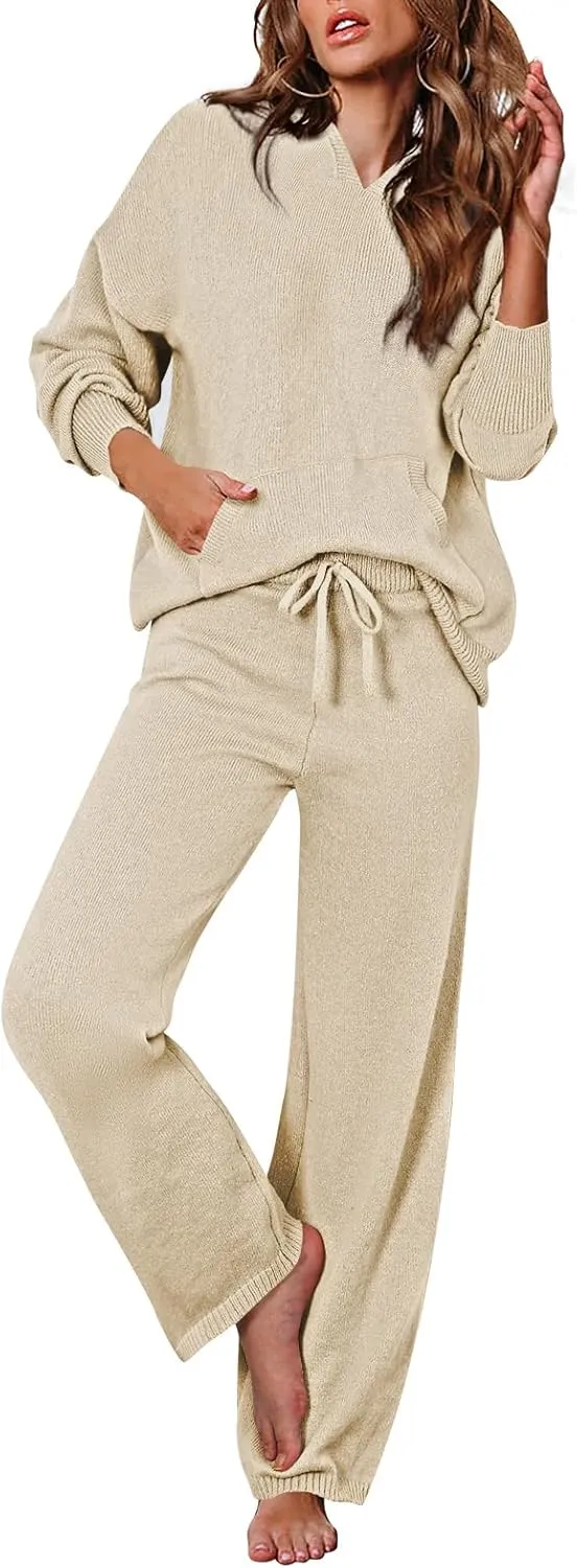 Pink Queen Sweater Set for Women Pullover Hoodie Matching Wide Leg Pants Loose Knitted Sweatsuit with Pocket