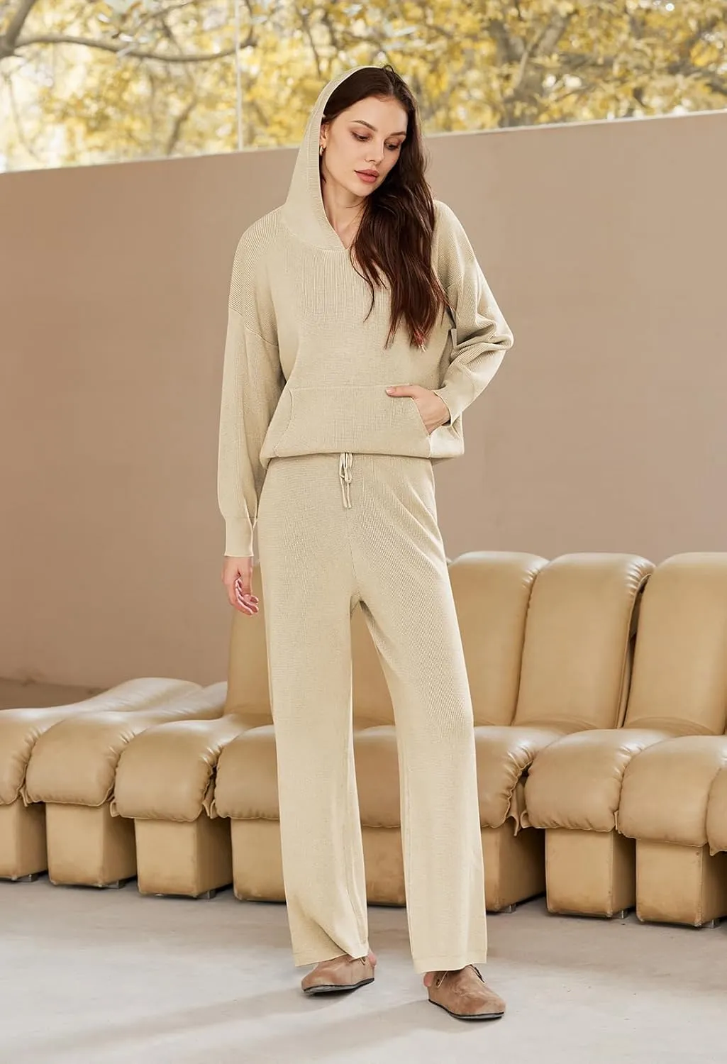 Pink Queen Sweater Set for Women Pullover Hoodie Matching Wide Leg Pants Loose Knitted Sweatsuit with Pocket