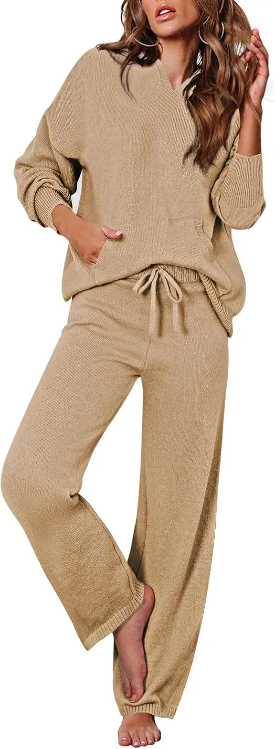 Pink Queen Sweater Set for Women Pullover Hoodie Matching Wide Leg Pants Loose Knitted Sweatsuit with Pocket