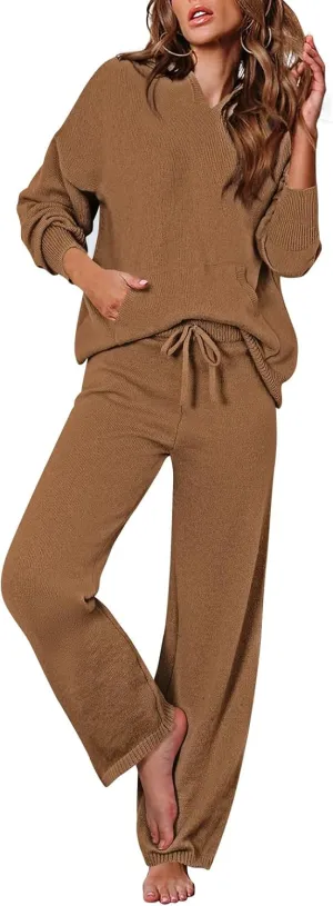 Pink Queen Sweater Set for Women Pullover Hoodie Matching Wide Leg Pants Loose Knitted Sweatsuit with Pocket