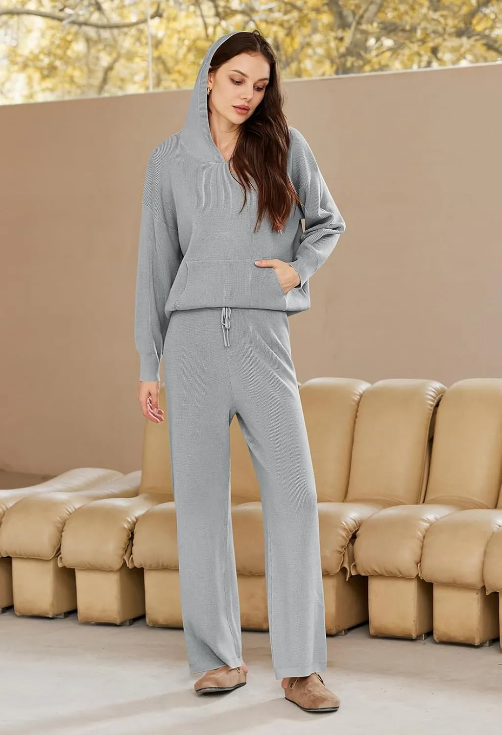 Pink Queen Sweater Set for Women Pullover Hoodie Matching Wide Leg Pants Loose Knitted Sweatsuit with Pocket