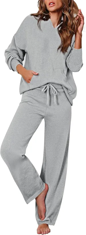 Pink Queen Sweater Set for Women Pullover Hoodie Matching Wide Leg Pants Loose Knitted Sweatsuit with Pocket