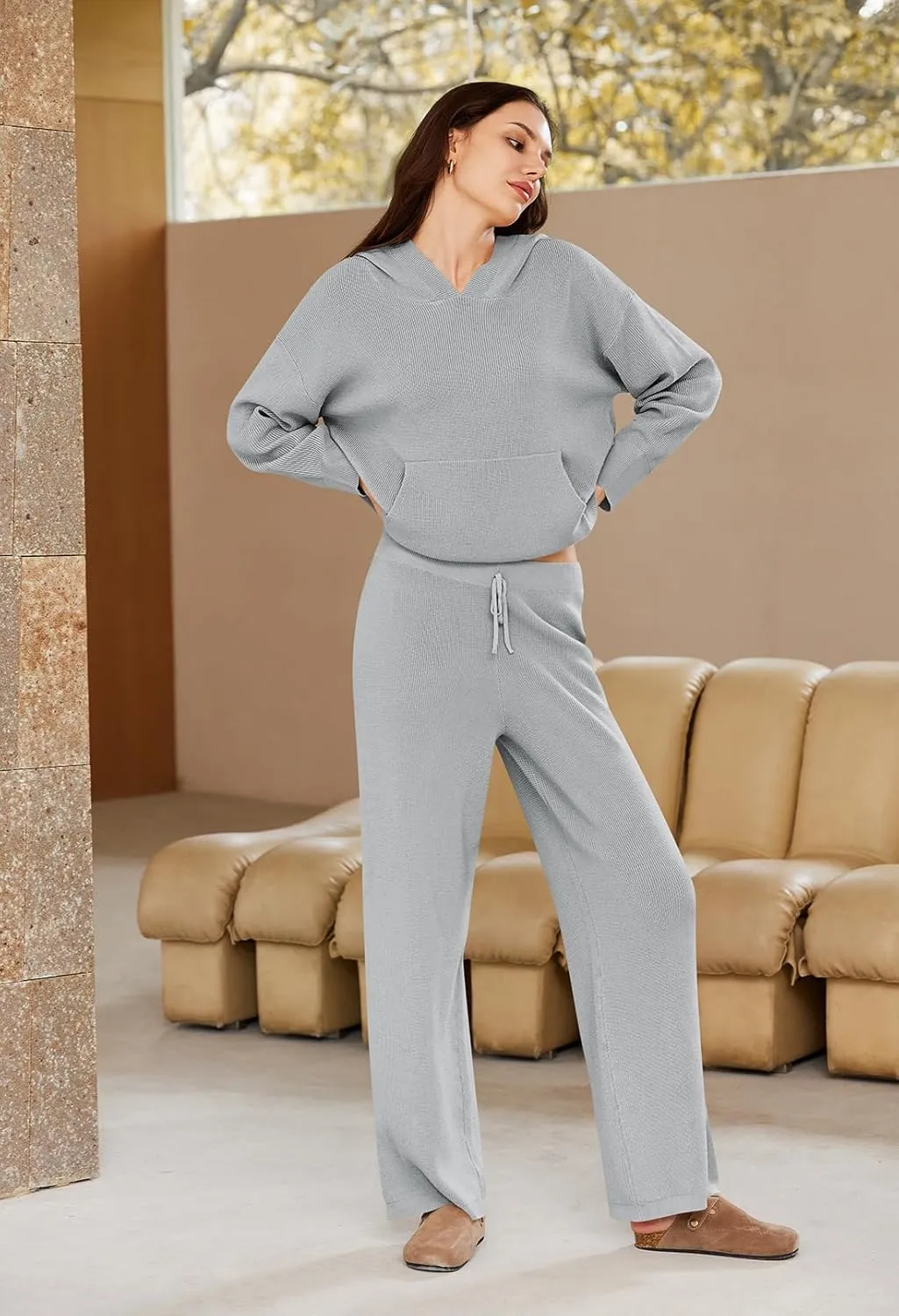 Pink Queen Sweater Set for Women Pullover Hoodie Matching Wide Leg Pants Loose Knitted Sweatsuit with Pocket