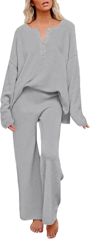Pink Queen Women's 2 Piece Outfit Set Long Sleeve Button Pullover Sweater Top and Wide Leg Pants Knit Sweatsuit