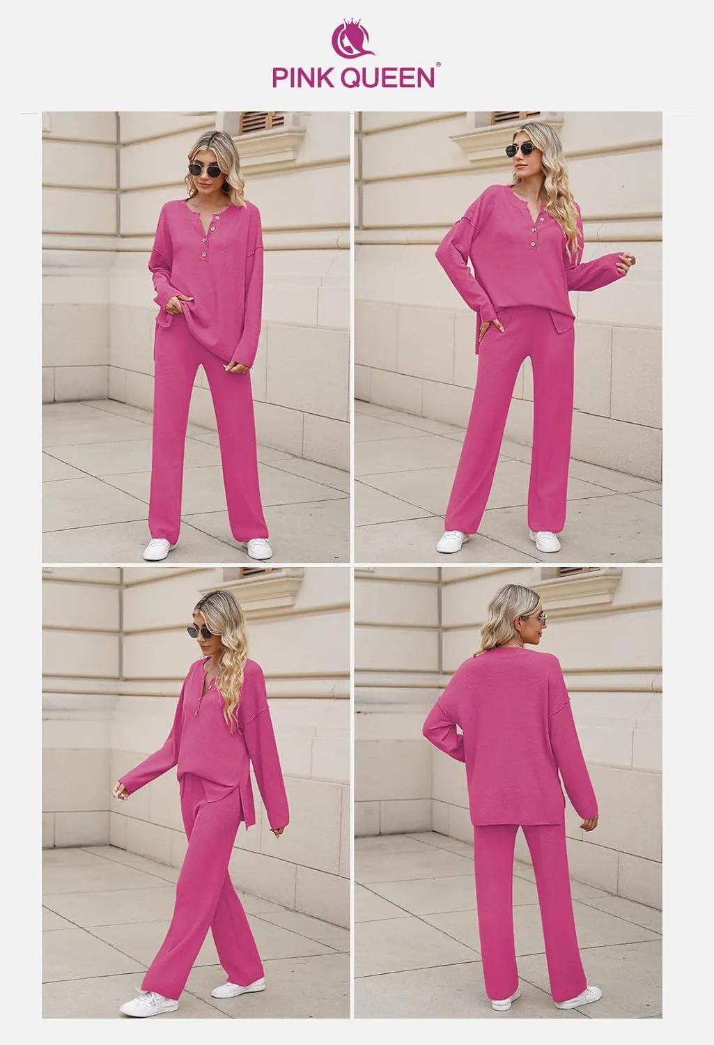 Pink Queen Women's 2 Piece Outfit Set Long Sleeve Button Pullover Sweater Top and Wide Leg Pants Knit Sweatsuit